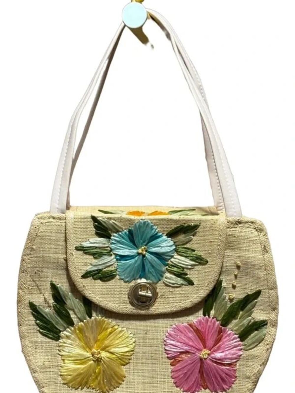 Vintage Floral Embroidered Straw Shoulder Bag